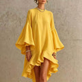 Vintage Oversized Bell Sleeve Dress Women O Neck Irregular Ruffle Hem Solid A-Line Short Dress Elegant Resort Prom Guest Dresses