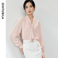 SENTUBILA Office Lady White Tie Blouse Women 2026 Spring Lace-up Collar Long Sleeve Simple Ladies Tops Woman Clothes 143C56765X