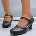 Women Pumps Casual Mary Jane Shoes Solid Color Round Toe Shoes Buckle Strap Leather Sandals Footwear High Heels Women Shoes