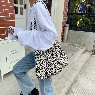 Ins Style Leopard Print Canvas Bag for Women, Fashion Japanese Korean Versatile Shoulder Crossbody Pouch for Students Daily Use