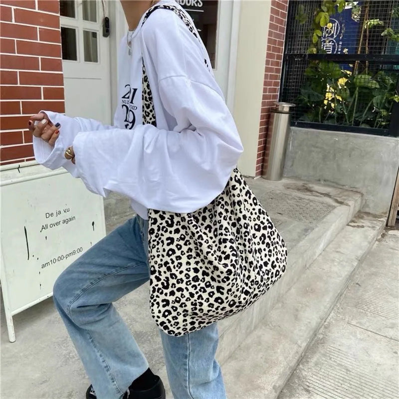 Ins Style Leopard Print Canvas Bag for Women, Fashion Japanese Korean Versatile Shoulder Crossbody Pouch for Students Daily Use