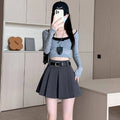 Women's Black Gray Pleated Skirts Korean Fashion High Waist A-Line Skirts Autumn Winter All-Match Shorts Mini Skirt with Belt