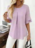 Women Round Neck Double Ruffle Half Sleeve Blouse Solid Front Pleat Loose Flowy Chiffon Tunic Top Office Casual Shirt