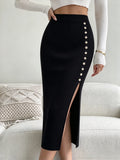 Women Ribbed Knit Midi Pencil Skirt High Waist Side Buttons Slit Bodycon Slim Fit Elegant Casual Office Long Skirt
