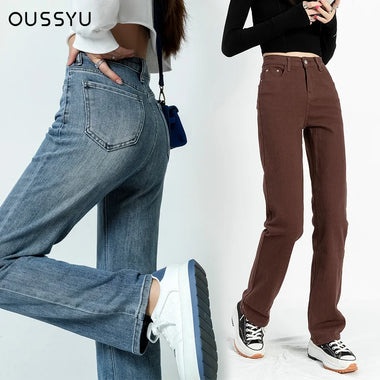 OUSSYU Y2K Straight Jeans Women's 2023 Autumn New Loose High Waist Wide Leg Denim Pants Fashion Trend Casual Comfort Trousers