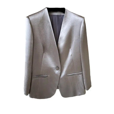 Acetate Ultra-Gloss Short Small Suit Jacket 2026 Spring Autumn New Slim-Fit Satin Gray Blazer V-Neck Jackets Female Elegant