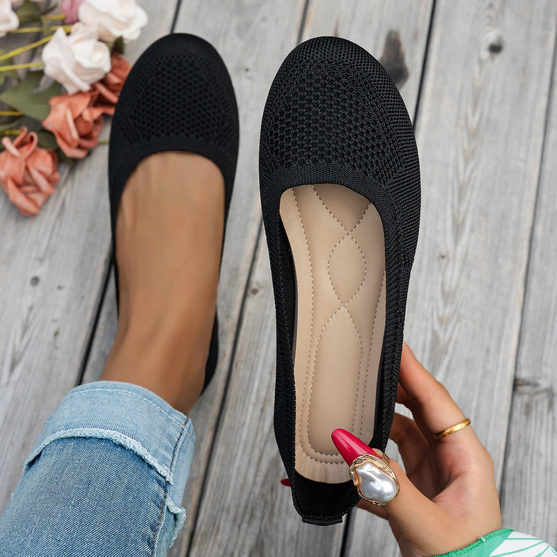Women Round Toe Flat Shoes Solid Color Knitted Slip on Shoes Casual Breathable Ballet Flats Women Mesh Flat Shoes Loafers Woman