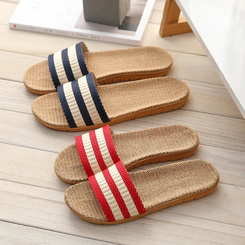Summer Couple's Linen Slippers - Striped Fashion Non-Slip Comfort Indoor EVA Floor Breathable Sandals