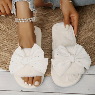 Winter Furry Dot Bowknot Slippers for Women, Thick Plush, Warm, Non-Slip, Thick-Soled, Indoor Home Silent Couple Cotton Slippers