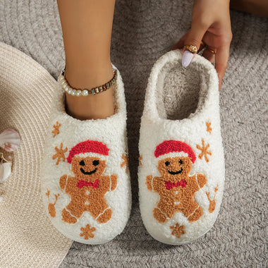 Festive Gingerbread Man Christmas Women Slippers Cozy Fuzzy Plush Lined Indoor House Slippers Holiday Winter Bedroom Shoes