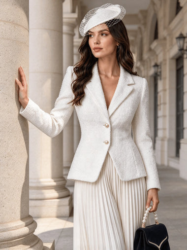 White Tweed Waist-Cinching Blazer for Women, Elegant Single-Breasted Two-Button Long-Sleeve Suit Jacket, Spring and Autumn Office Wear