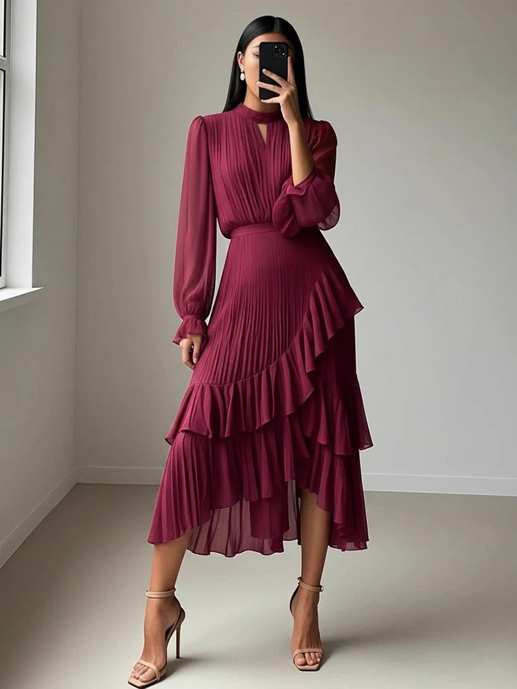 Party Dress LGRQ 2026 Summer New Solid Color High Waist Dress With Ruffled Hem And Pleats Mid-Length Party Evening Gown