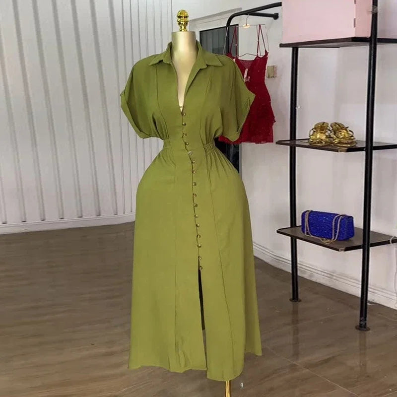 Woman Summer Elegant Midi Dresses 2025 High Waist Lapel Neck Short Sleeves Buttoned Flowy A Line Shirt Dress For Women