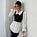 Women Blouse Korean Style False Two-piece Polo Collar Blouses Y2k Top Streetwear Youth Pullovers Shirt Fake Two-Piece Shirt Vest