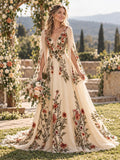 Boho Floral Embroidered Chiffon Wedding Dress for Brides Long Sleeve Deep V Neck Backless A Line Bridal Gown with Train