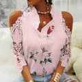Women's Sexy Hollow Out Print Blouses Elegant Short Sleeve Lace Shirt V-Neck Female Strapless Blouse Casual Tops Summer 19361