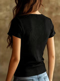 Women's Summer Pure and Alluring Mesh Patchwork V-Neck Ribbed Short-Sleeve Top, Slim Fit Elastic T-Shirt