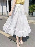 Casual Vintage Women Skirt Matching Chic Lady's White Skirt Sweet Girl's Cake Skirt Elastic Waist A-Line Mid Length Flare Skirt