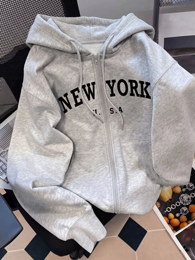 Women Zip Up Hoodie NEW YORK U.S.A Bold Letter Print Long Sleeve Oversized Heather Gray Hooded Jacket Casual Pocket Sweatshirt