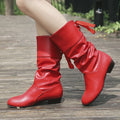 Women's Boots Low Heels Mid-calf Boots Plus Size Pu Leather Winter Boots Outdoor Chunky Women Shoes Designer Back Lace Up Boot