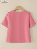 ZANZEA Women Summer OL Work Blouse Elegant Office Shirt Stylish Solid O Neck Tunic Short Petal Sleeve Tops Holiday Blusas Femme