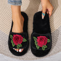 Women Rose Embroidery Plush Open Toe Slippers Soft Furry Flat Non Slip Indoor Bedroom Home House Shoes