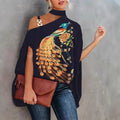 Women Halter Cold Shoulder Blouse Asymmetric Batwing Sleeve Metal Buckle Printed Loose Casual Tunic Top
