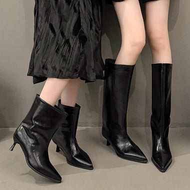 Women Knee High & Ankle Boots Pointed Toe Kitten Heel PU Leather Pull On Party Street Autumn Winter Tall Short Boots Shoes Woman