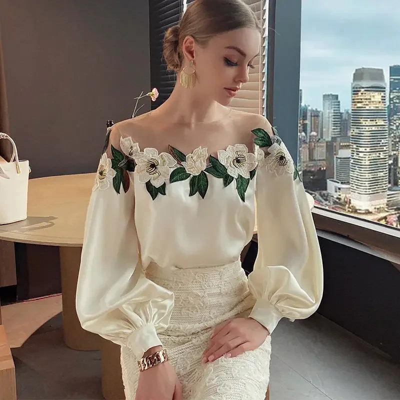 Summer Women Long Sleeve Off Shoulder Mesh Spliced Satin Embroidered Shirt Women Tops Shirts for Women Blusa Chifon Blouse C270