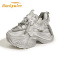 Women High Platform Breathable Mesh Sneakers Summer Vulcanized Shoes 10CM Heels Leather Casual Shoes Chunky Dad Sport Sneakers