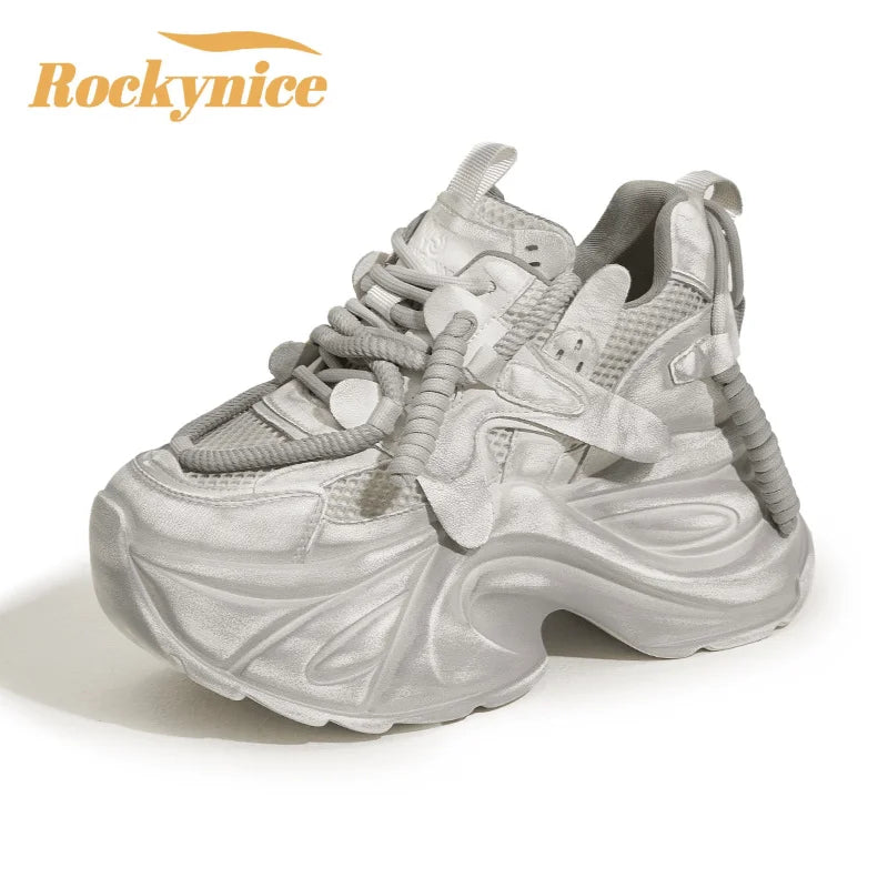 Women High Platform Breathable Mesh Sneakers Summer Vulcanized Shoes 10CM Heels Leather Casual Shoes Chunky Dad Sport Sneakers