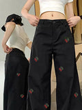 Aoaiiys White Jeans Women Cherry Embroidery Black Straight Trousers High Waisted Casual Wide Leg Pants Spring Summer New Jeans