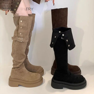 Thick soled high top knight boots 2025 new suede two over knee boots retro long boots for women