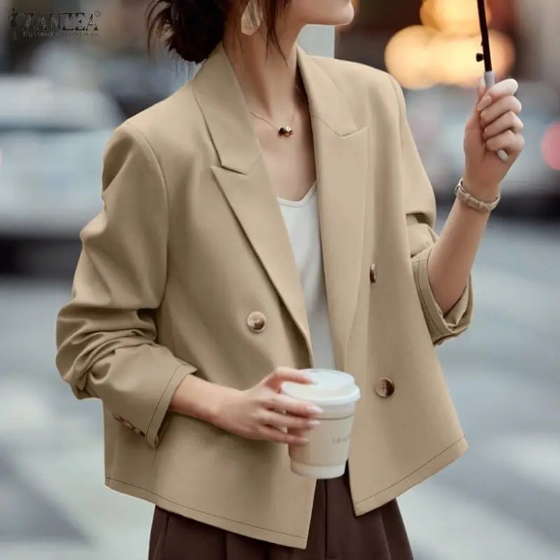 ZANZEA Woman Elegant Short Blazer Peak Lapel Long Sleeve Double-Breast Solid Color Casual Jackets Spring Office Wear Outerwear