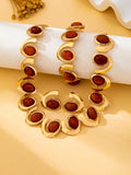 Vintage Red Oval Gemstone Jewelry Set for Women Gold-Plated Geometric Twisted Necklace Earrings Bracelet Elegant Banquet Wedding Statement Accessories