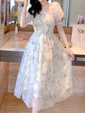 Korean Elegant Fashion Chiffon Dress Summer French Vintage Floral Dress Square Collar Puff Short Sleeve Ink Painting Dress 20827