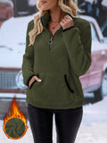 Cozy Women's Plush Fleece Half Zip Top Stand Collar Drop Shoulder Hoodie with Ring Zipper Pull and Pocket Casual Loungewear