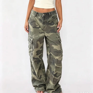 Women Pants Women Y2K Camo Cargo Pants Low Rise Wide Leg Baggy Tactical Pants Camouflage Trousers Slouchy Long Pants with Pockets