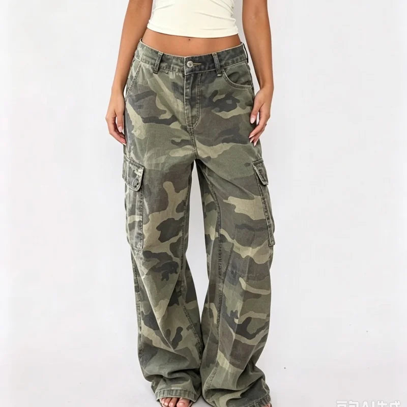 Women Pants Women Y2K Camo Cargo Pants Low Rise Wide Leg Baggy Tactical Pants Camouflage Trousers Slouchy Long Pants with Pockets