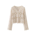 Daisy Embroidery Crochet Top Long Sleeve Button Down V-Neck Sheer Open-knit Blouse Cover Up Women Summer Fairycore Outfit