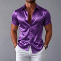 Men's shirt, navy blue short sleeved shirt, slim fit lapel shirt, light luxury business casual men's top, comfortable fabric