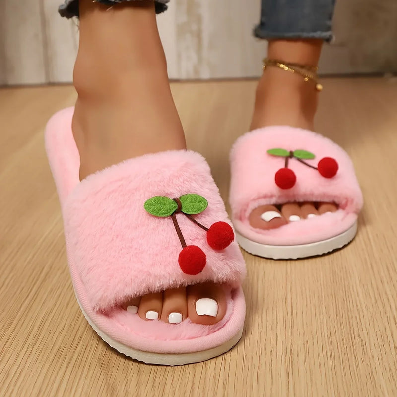 Pink Strawberry Winter Fluffy Slippers Women 2026 Soft Sole Long Plush Warm Home Slippers Woman Plus Size 45 Lovely Slides Shoes