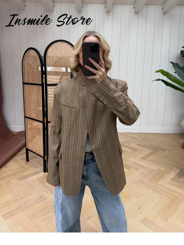 Vintage Stripe Plaid Blazer Women Stand Collar One Button Pocket Suit Jacket 2026 Spring Lady New Fashion Commute Street Outwear