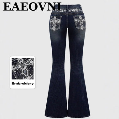 Women Y2K Style Flared Denim Pants Dark Wash Skinny Jeans With Rhinestone Embroidery Pocket Street Casual Party Night Outfit