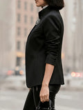 Women Blazers Yeezzi Women Black Stand Collar Asymmetrical Wrap Blazers Pin Button Long Sleeves Slim Fit Formal Office Party Outerwear Jacket
