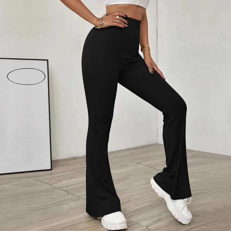 High Waist Ribbed Yoga Bootleg Pants, Solid Fitness Workout Flare Leggings, Women's Activewear