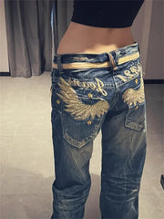 American Personalized Gold Wing Embroidered Jeans Children's 2025 Spring Hot Girl Design Sense Low Waist Micro Flared Pants
