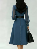 Streetwear Denim A-Line Dress Summer Women Tulle Puff Long Sleeve See Through V Neck Maxi Dresses Vintage Jean Dress With Belt