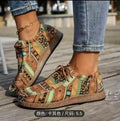 Vintage Ethnic Print Women Canvas Shoes Boho Patchwork Lace Up Flat Loafers Comfort Outdoor Walking Casual Shoes