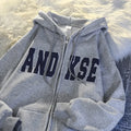 Women Letter Print Zip Up Hoodie Oversized Drawstring Hooded Sweatshirt Jacket With Kangaroo Pocket Casual Streetwear Outerwear